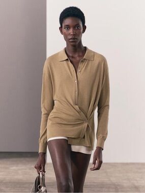 ZARA | Camel Brown Side Button-Down Knit Shirt Cardigan